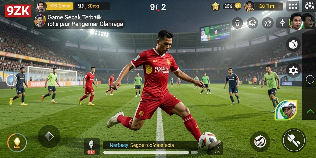 Screenshot gameplay 9ZK yang menunjukkan aksi sepak bola yang mendebarkan.