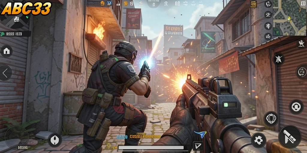 Tampilan gameplay intens dari ABC33 yang menunjukkan aksi pertempuran FPS.