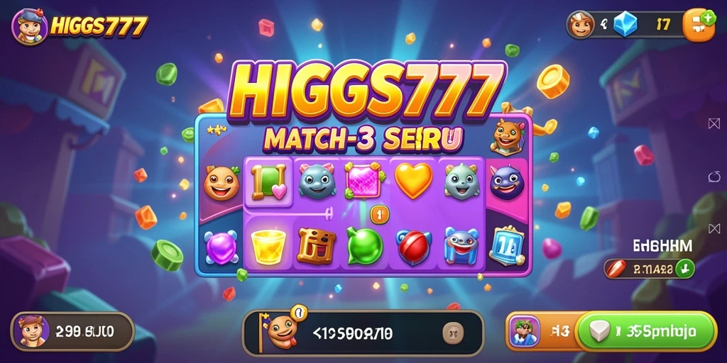 Screenshot utama HIGGS777 menampilkan keseruan gameplay Match-3 yang penuh warna.