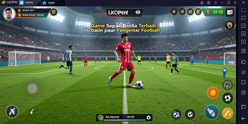 Screenshot utama LKOPEN menampilkan aksi seru pemain di lapangan sepak bola.