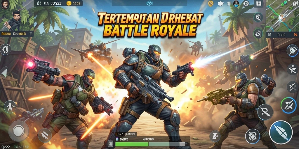 Screenshot menunjukkan pertempuran intens dalam gameplay Battle Royale QQ222.