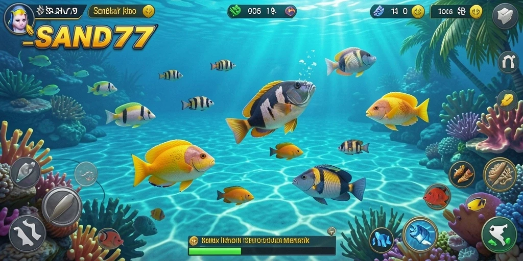 Gameplay seru SAND77 dalam menembak ikan berwarna-warni.