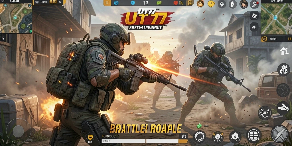 Tampilan gameplay UT77 yang intens dalam pertempuran Battle Royale.