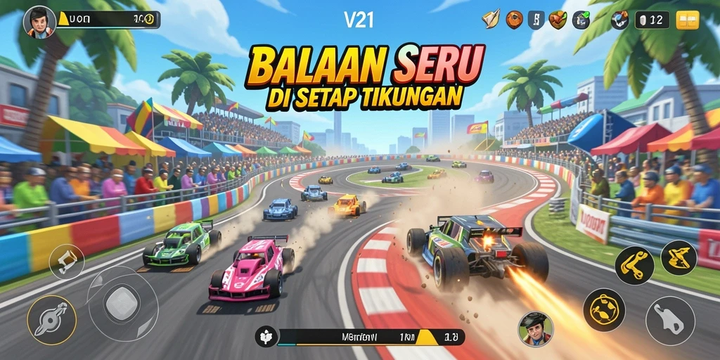 Screenshot gameplay V21 menampilkan aksi balapan yang mendebarkan.