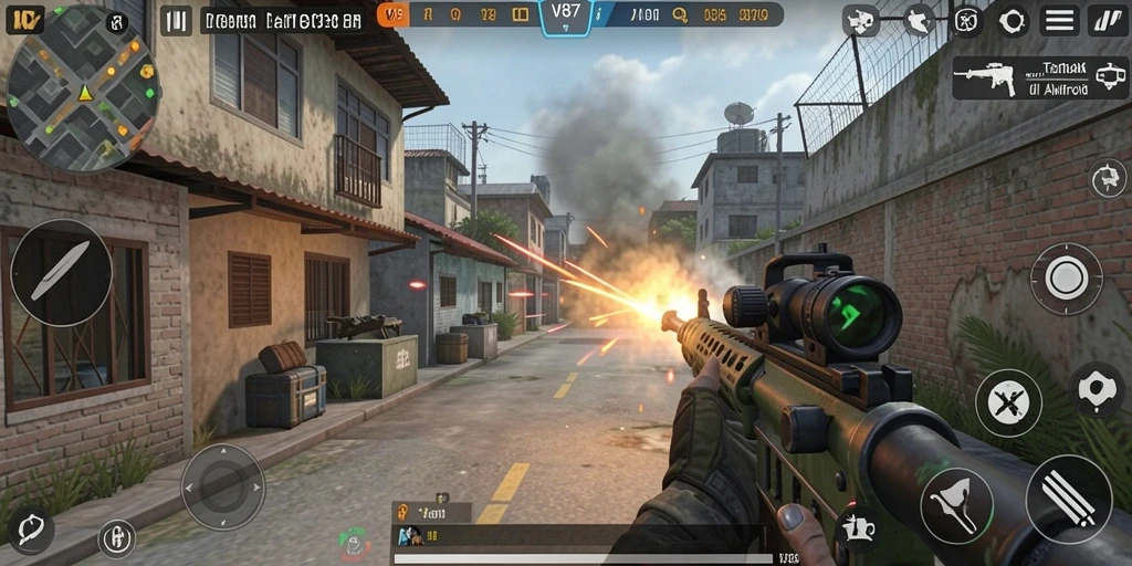 Tampilan gameplay seru dari V87 dengan aksi tembak-menembak yang intens.